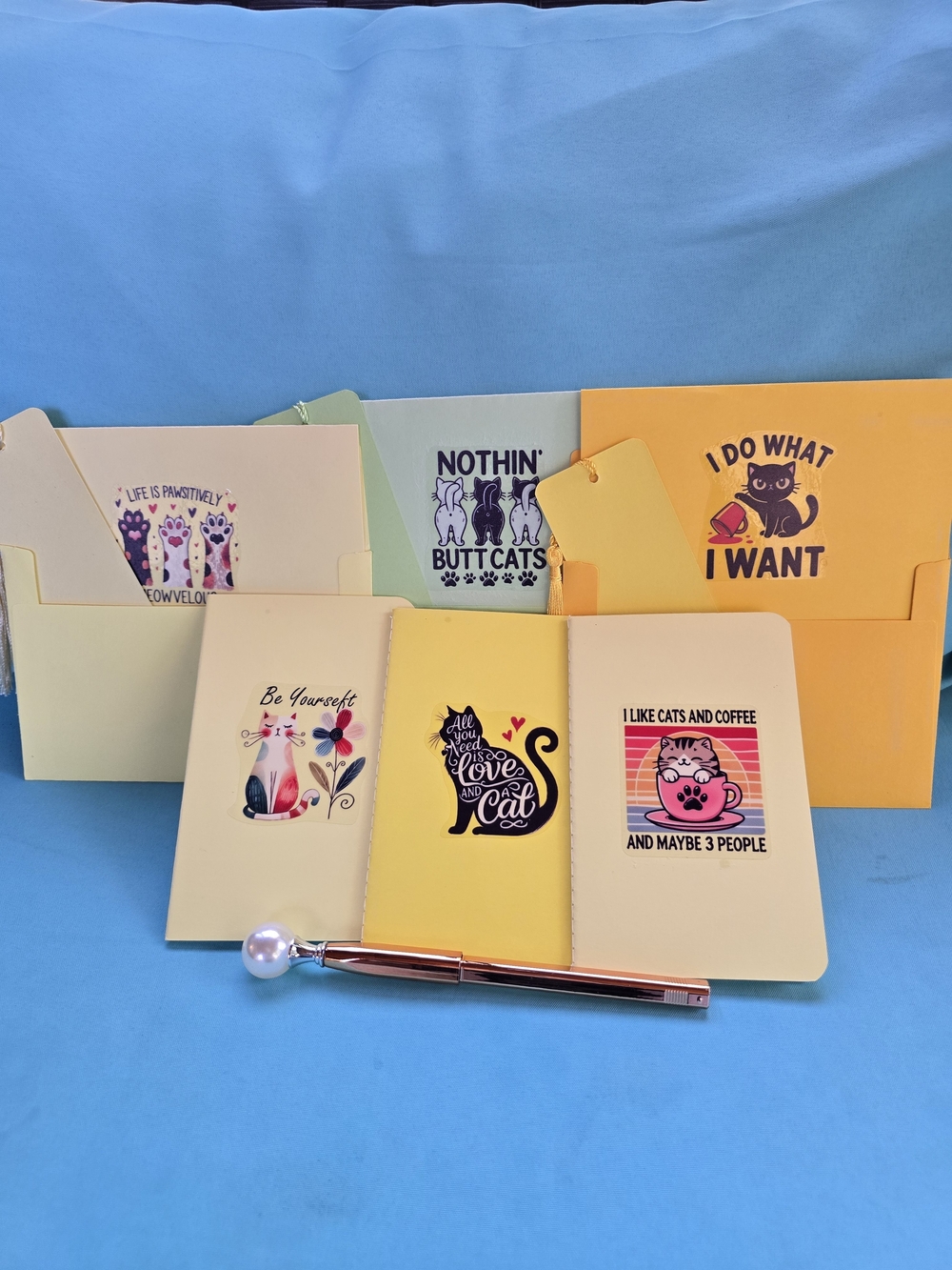 13 Piece Cat Themed Card Holders, Bookmark, Mini Notebook & Pen Bundle